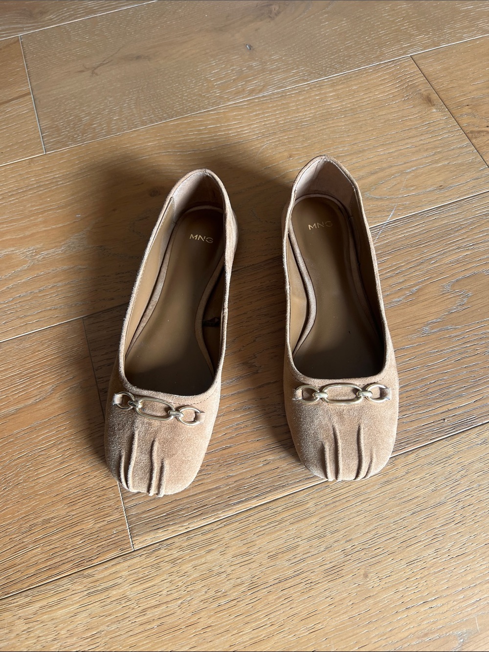 Mango Taupe Suede Chain-Accent Ballet Flats